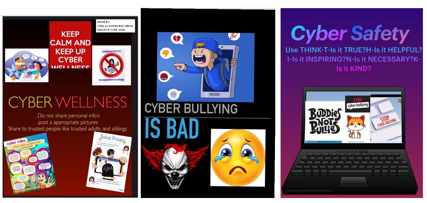Three posters about cyber wellness, cyber bullying is bad, and cyber safety with THINK acronym and laptop graphic.